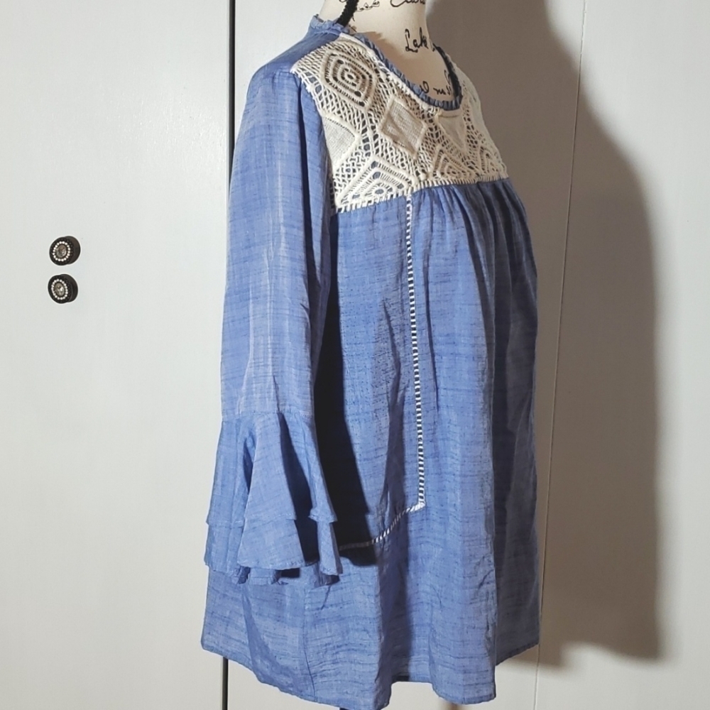 Loft| Womens Blue & White Peasant Top Ruffle Sleeves White Knit Cottagecore Sz.L